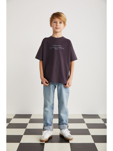 GRIMELANGE Rune Boys' 100% Cotton Short Sleeve Piece Printed Crew Neck Damson T-shirt