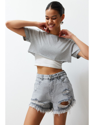 Trendyol Gray Ripped Detailed High Waist Denim Shorts