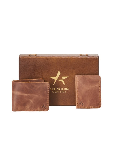 ALTINYILDIZ CLASSICS Men's Brown Handmade 100% Genuine Leather Wallet - Card Holder Set