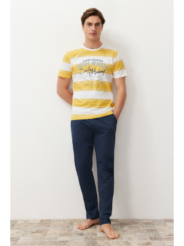 Trendyol Men's Yellow Regular Fit Striped Knitted Pajama Set