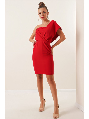 By Saygı Strapless One-Shoulder Lined Crepe Dress Red