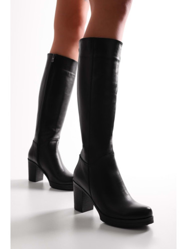 Shoeberry Women's Erna Black Genuine Leather Heeled Boots Black Genuine Leather