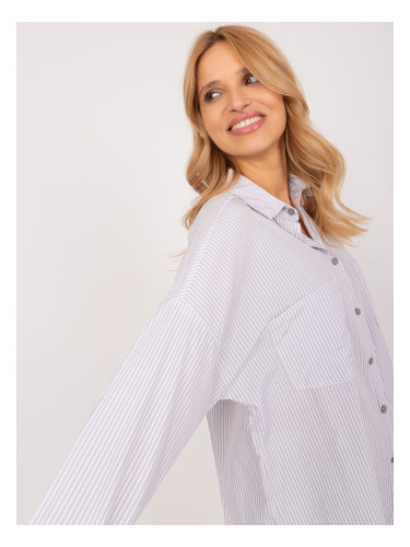 Light gray long button-down shirt with stripes