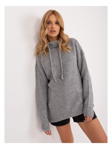 Gray long oversize sweater with drawstrings