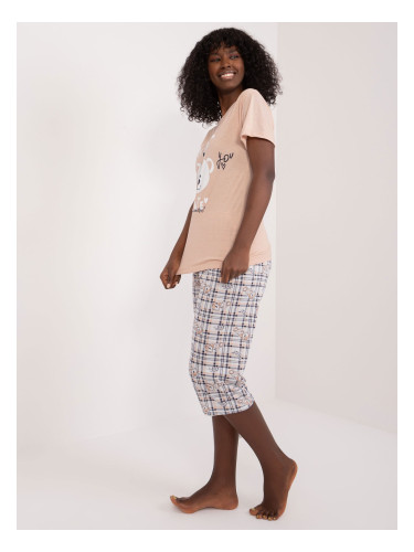 Beige cotton pajamas with 3/4 pants