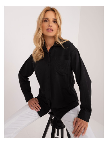 Women's black button-down shirt with patch