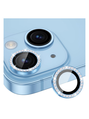 Стъклен протектор с метални рингове и камъни за задна камера MBX за Apple iPhone 15, 15 Plus, Син