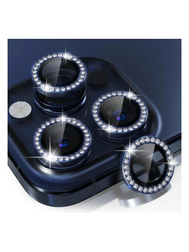 Протектор задна камера метални рингове с камъни MBX за iPhone 15 Pro, 15 Pro Max, Син