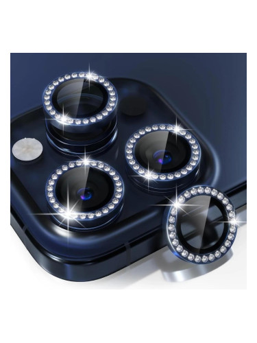Стъклен протектор с метални рингове и камъни за задна камера MBX за Apple iPhone 15 Pro, 15 Pro Max, Син