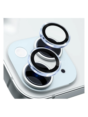 Стъклен протектор с метални рингове за задна камера MBX за Apple iPhone 15, 15 Plus, Син