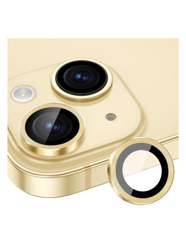 Стъклен протектор с метални рингове за задна камера MBX за Apple iPhone 15, 15 Plus, Жълт