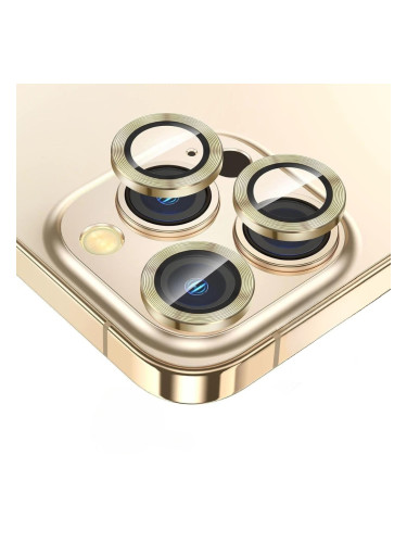 Стъклен протектор с метални рингове за задна камера MBX за Apple iPhone 15 Pro, 15 Pro Max, Златист