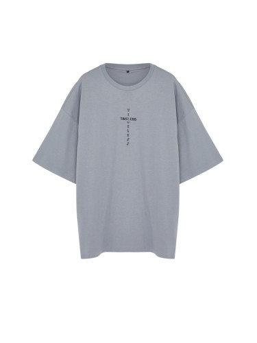 Trendyol Plus Size Gray Oversize Comfortable Printed 100% Cotton T-Shirt