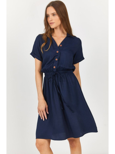 armonika Women's Navy Blue Elastic Waist Short Sleeve Shirt Dress