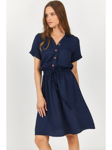 armonika Women's Navy Blue Short Sleeve Shirt Dress with Elastic Waist