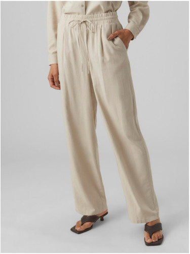 Beige women's trousers with linen blend Vero Moda Jesmilo