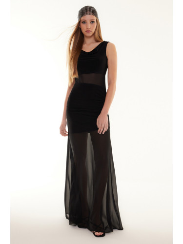 Trendyol Black Transparent Detailed Knitted Tulle Long Elegant Evening Dress