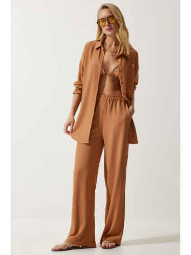 Happiness İstanbul Women's Biscuit Casual Knitted Shirt Pants Suit