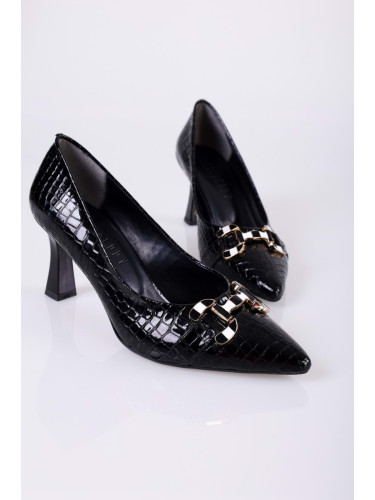 Shoeberry Women's Sadie Black Crocodile Patent Leather Stiletto Heel Shoes