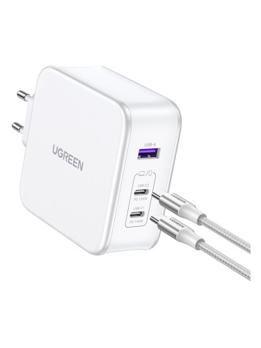 Зарядно устройство Ugreen Nexode (15339), от контакт към 1x USB-A(ж)/2x USB-C(ж), 12V/1.5A, бяло, 140W