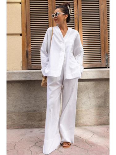 Laluvia White Linen Double Cuff Trousers Shirt Suit