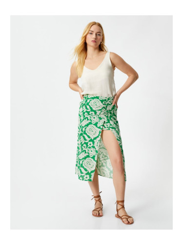 Koton Floral Midi Skirt with Slits Pleated Regular Waist Cotton