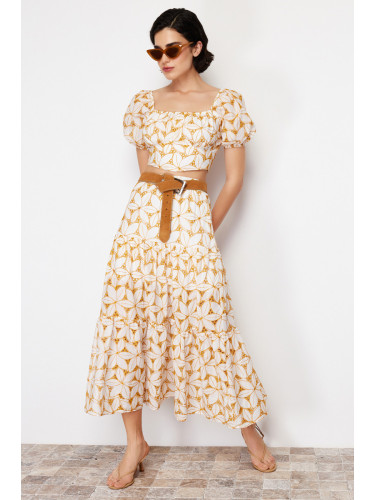 Trendyol Beige Brode and Embroidery Detailed Flared Maxi Length Woven Skirt