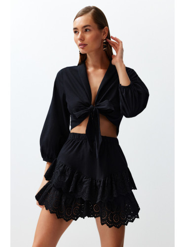 Trendyol Black Mini Woven Ruffled 100% Cotton Skirt