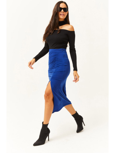 Olalook Women's Saxe Blue Slit Draped Detail Zippered Midi Sandy Skirt