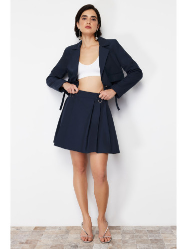 Trendyol Navy Blue Pleated Buckle Detail Mini Woven Skirt