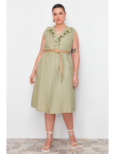 Trendyol Curve Green Straw Belt Woven Dress