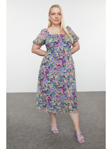 Trendyol Curve Pink Lined Chiffon Floral Square Neck Balloon Sleeve Woven Plus Size Dress