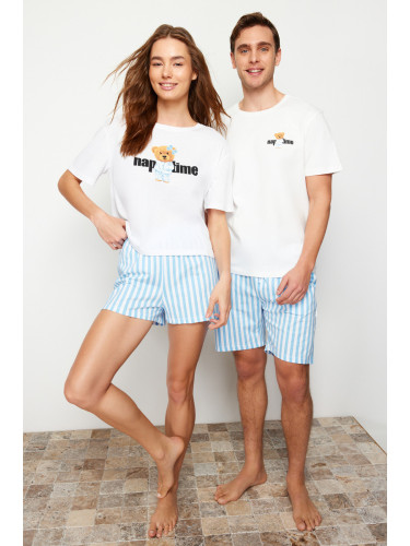 Trendyol Blue Ecru Striped Regular Fit Couple/Double Knitted Shorts 100% Cotton Pajama Set