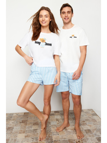 Trendyol Blue Ecru Striped Regular Fit Couple Knitted Pajamas Set with Shorts
