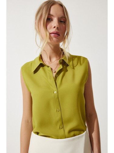 Happiness İstanbul Women's Oil Green Sleeveless Viscose Shirt