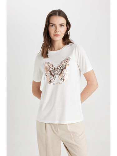 DEFACTO Regular Fit Crew Neck Butterfly Pattern Short Sleeve T-Shirt