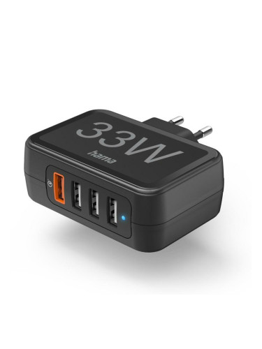 Зарядно устройство Hama 201629, от контакт към 4x USB-A(ж), 1x Quick Charge 3.0, 33W, черно