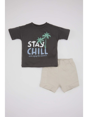 DEFACTO Baby Boy Slogan Printed Cotton T-Shirt Shorts 2 Piece Set