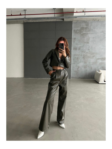 Laluvia Khaki Leather Crop Single Button Blazer Jacket Pants Suit