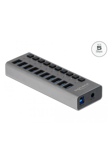 USB хъб DeLock 63670, 10 порта, от USB Type-B към 10x USB 3.0 Type-A, 5000 Mbit/s, LED индикатор, сив