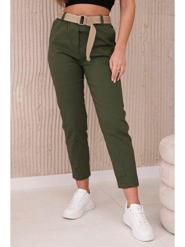 Trousers with a wide belt in khaki