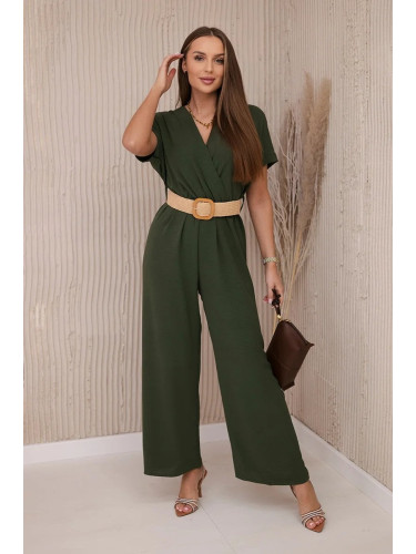 Jumpsuit with a decorative belt at the khaki-colored waistband