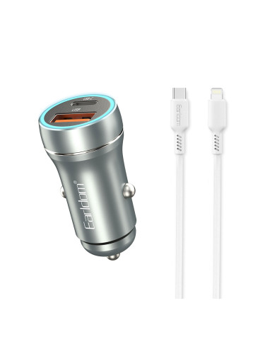 Зарядно устройство за кола Earldom ES-CC29, 30W, USB QC3.0, PD, С Lightning - PD кабел, Сребрист - 40352
