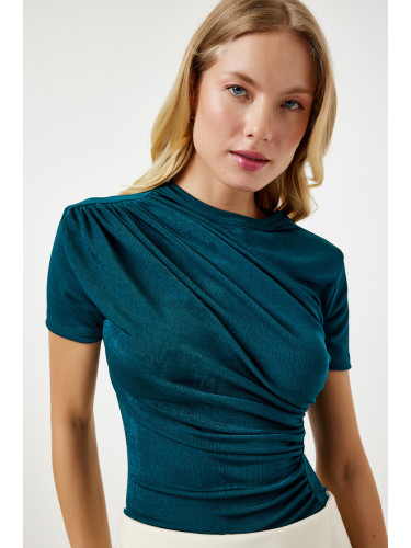 Happiness İstanbul Women's Emerald Green Gathered Detailed Viscose Blouse