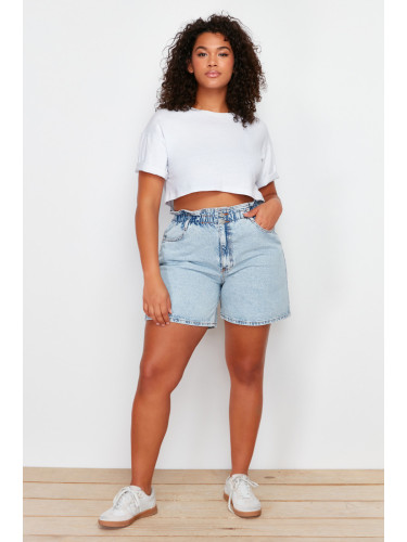 Trendyol Curve Blue High Waist Elastic Waist Wide Leg Shorts & Bermuda