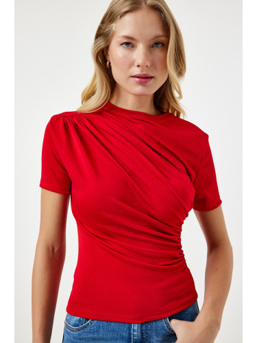 Happiness İstanbul Women's Red Gathered Detailed Viscose Blouse
