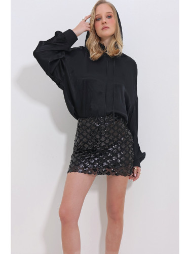 Trend Alaçatı Stili Women's Black Sequin Embroidered Side Zipper and Inside Lined Mini Skirt