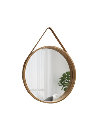 Кръгло огледало за стена с каишка за окачване, бамбук