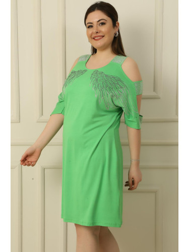 By Saygı Ruffled Sleeves Plus Size Viscose Dress with Wings Pattern with Stones Print on the Front.