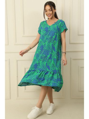 By Saygı V-neck Leaf Pattern Skirt Pleated Oversize Comfortable Fit Viscose Dress